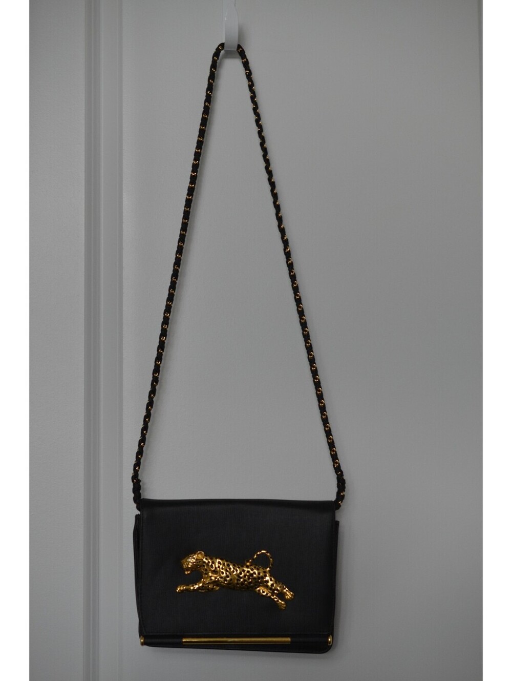 Vintage Black Gold Leopard Purse Chain Strap Statement Shoulder Bag